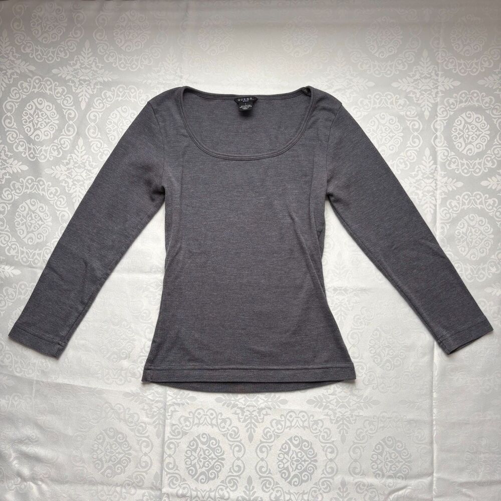 Guess Grey Top Long Sleeve Slim Tee Tight Vintage 90s Chic Minimalist Size L